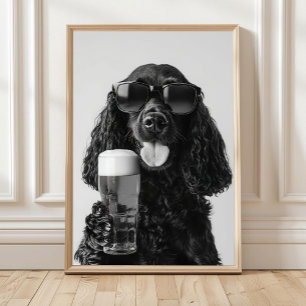 Black Cocker Spaniel Drinking Beer Wall Art, Black Poster