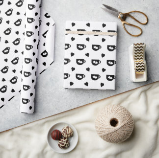 black coffee cup pattern with black hearts wrapping paper