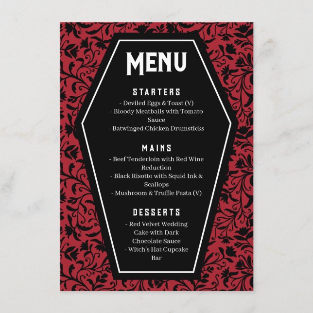 Black Coffin Floral Goth Wedding Menu (Front)