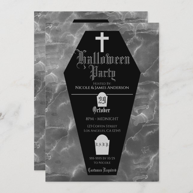 Black Coffin Tombstone Gothic Halloween Party Invitation (Front/Back)