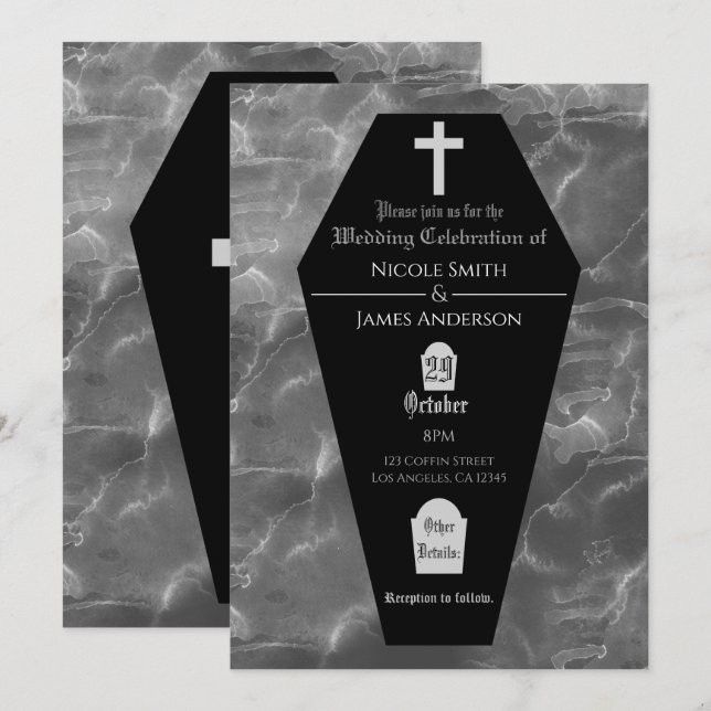 Black Coffin Tombstone Gothic Halloween Wedding Invitation (Front/Back)