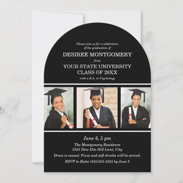 Black College University 3 Photo Arch Graduation Invitation (Front)