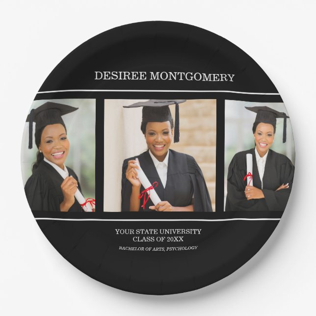 Black College University 3 Photo Graduation Paper Plate (Front)