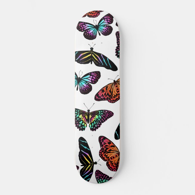 Black Colorful Butterflies Watercolor Pattern Skateboard (Front)