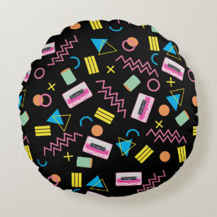 Black Colorful Eighties 80's Retro Pattern  Round Cushion