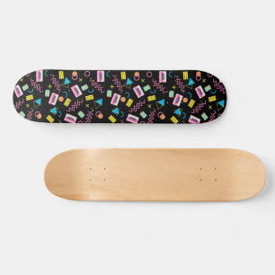 Black Colorful Eighties 80's Retro Pattern   Skateboard
