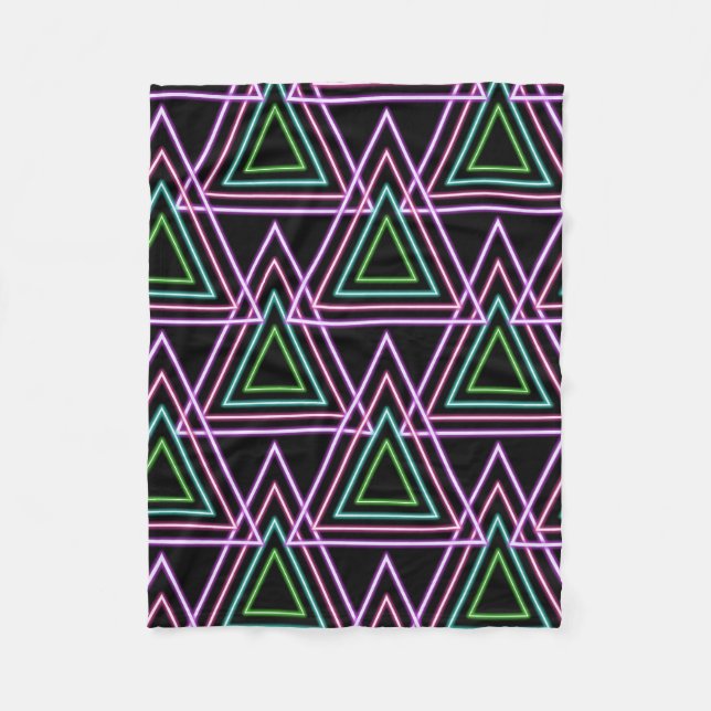 Black Colorful Retro 80's Neon Geometric Triangles Fleece Blanket (Front)