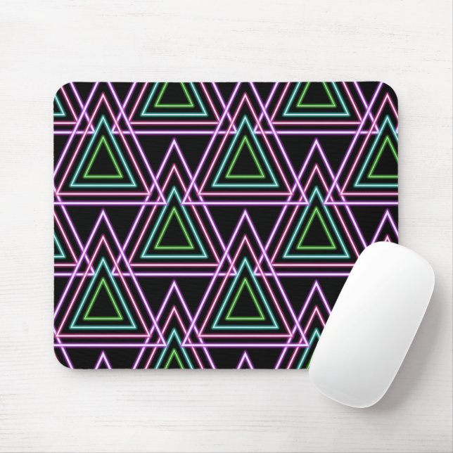 Black Colorful Retro 80's Neon Geometric Triangles Mouse Mat (With Mouse)