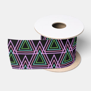 Black Colorful Retro 80's Neon Geometric Triangles Satin Ribbon