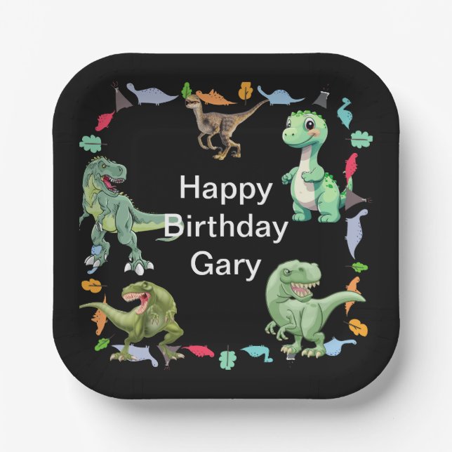 Black colour Background Dinosaur Birthday Party Paper Plate (Front)