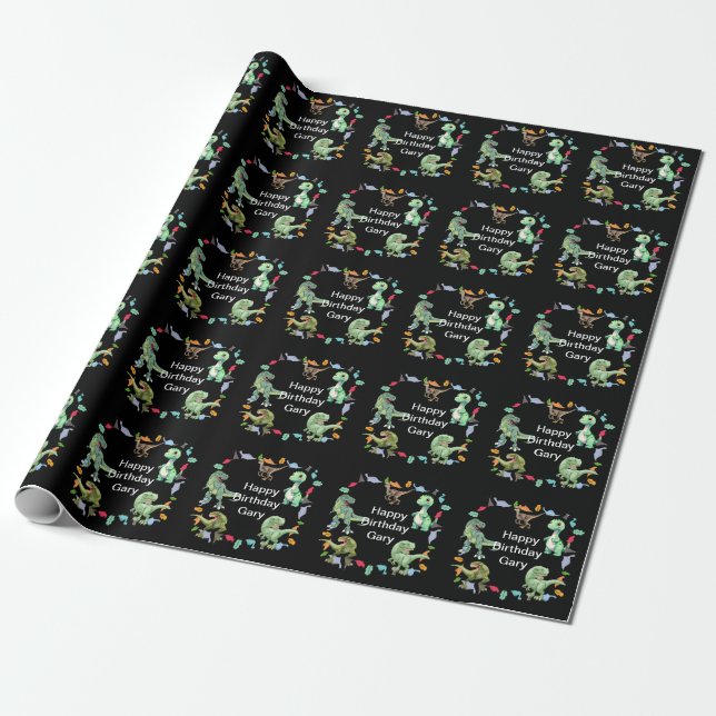 Black colour Background Dinosaur Birthday Party Wrapping Paper (Unrolled)