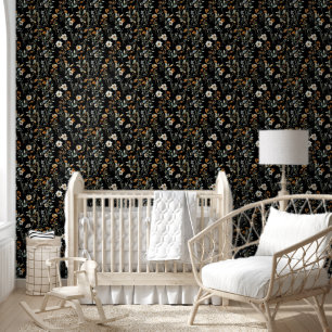 Black colour boho wildflower wallpaper