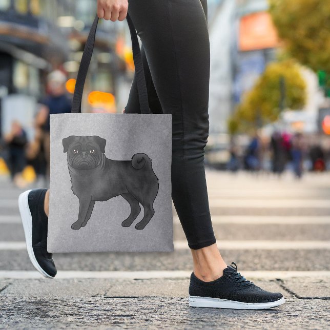 Black Colour Cute Pug Mops Cartoon Dog Breed Grey Tote Bag (Please note: This image is a digital mockup. The product may not be in scale.)