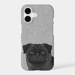 Black Colour Pug Breed Dog Head Close-up On Grey