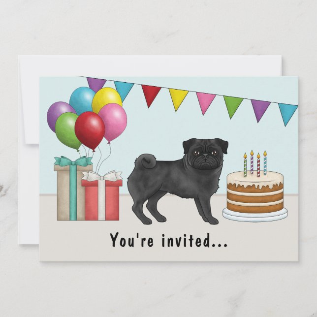 Black Colour Pug Cute Cartoon Dog Colourful Birthd Invitation (Front)