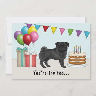 Black Colour Pug Cute Cartoon Dog Colourful Birthd Invitation