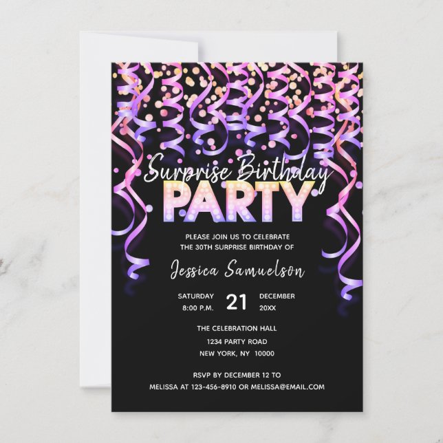 Black Colour Streamers SURPRISE BIRTHDAY PARTY Invitation (Front)