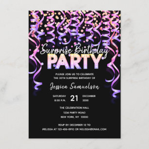 Black Colour Streamers SURPRISE BIRTHDAY PARTY Invitation