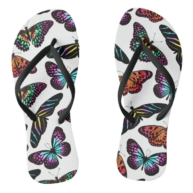 Black Colourful Butterflies Watercolor Pattern Flip Flops (Footbed)
