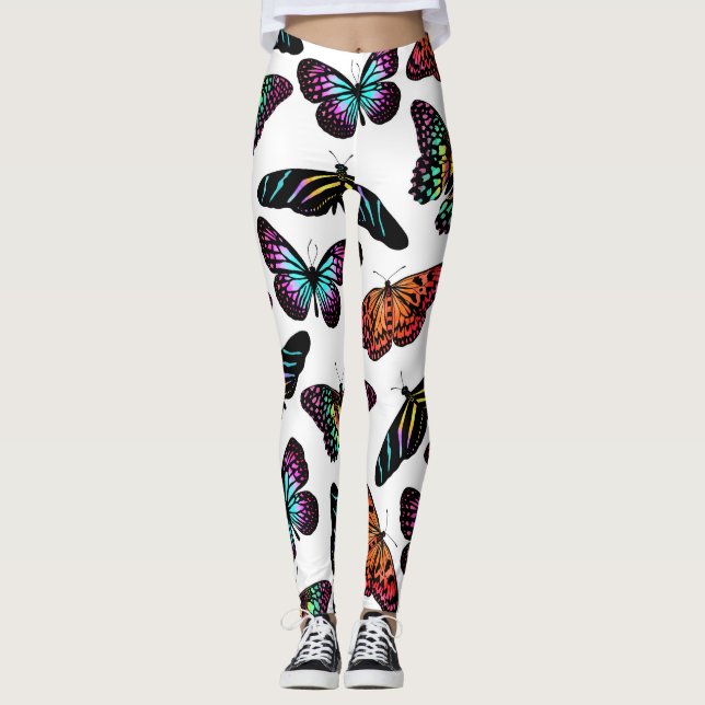 Black Colourful Butterflies Watercolor Pattern Leggings (Front)