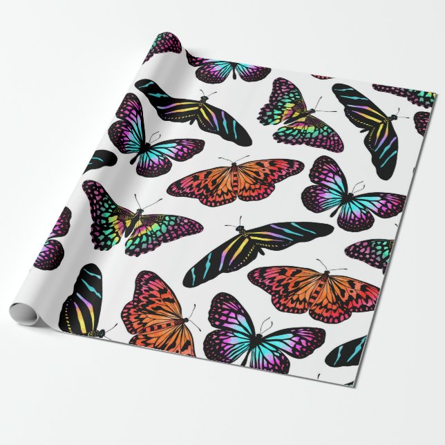 Black Colourful Butterflies Watercolor Pattern Wrapping Paper (Unrolled)