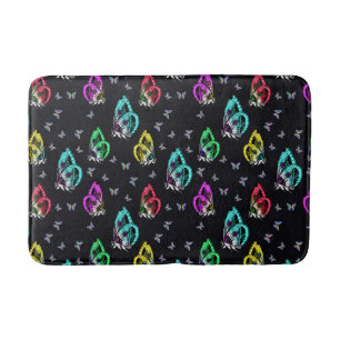 Black Colourful Butterfly Illustration Pattern Bath Mat