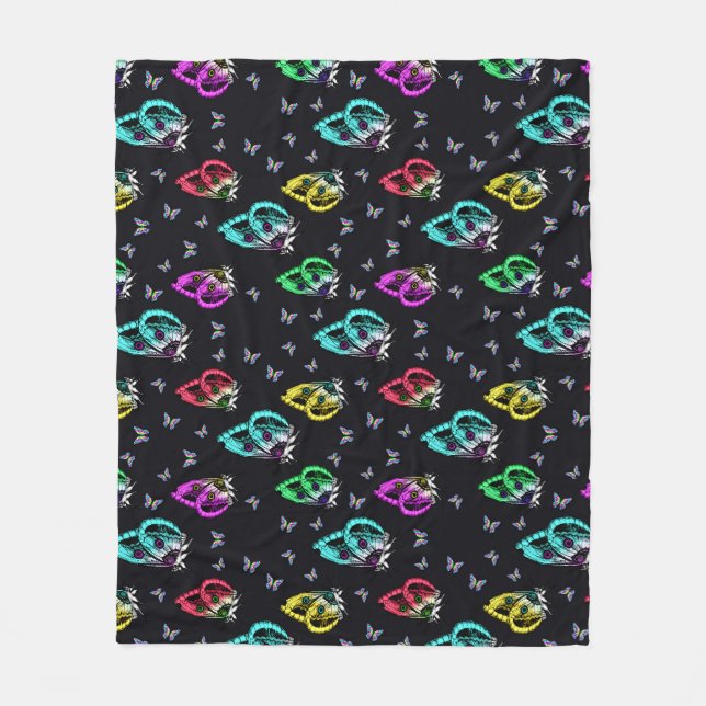 Black Colourful Butterfly Illustration Pattern Fleece Blanket (Front)