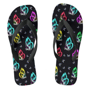 Black Colourful Butterfly Illustration Pattern Flip Flops