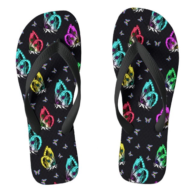 Black Colourful Butterfly Illustration Pattern Flip Flops (Footbed)