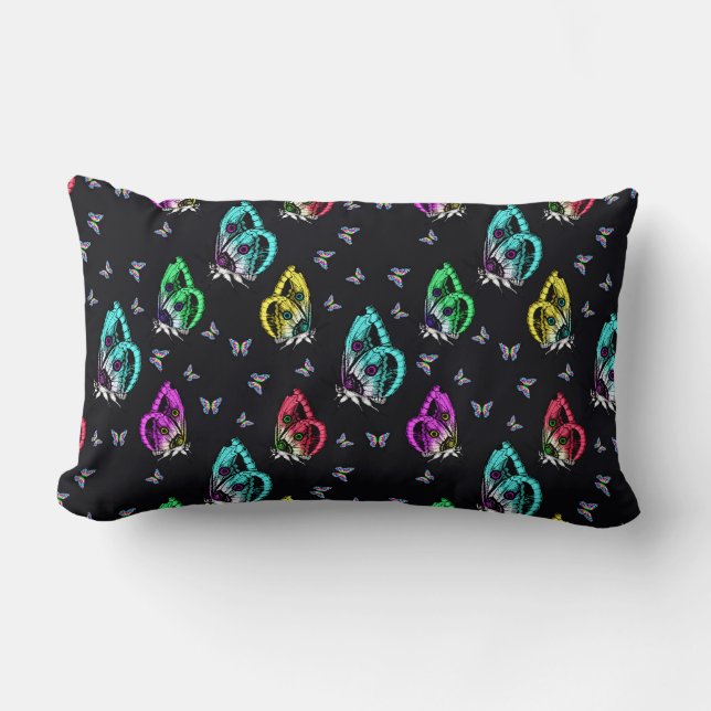 Black Colourful Butterfly Illustration Pattern Lumbar Cushion (Front)
