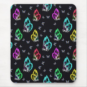 Black Colourful Butterfly Illustration Pattern Mouse Mat