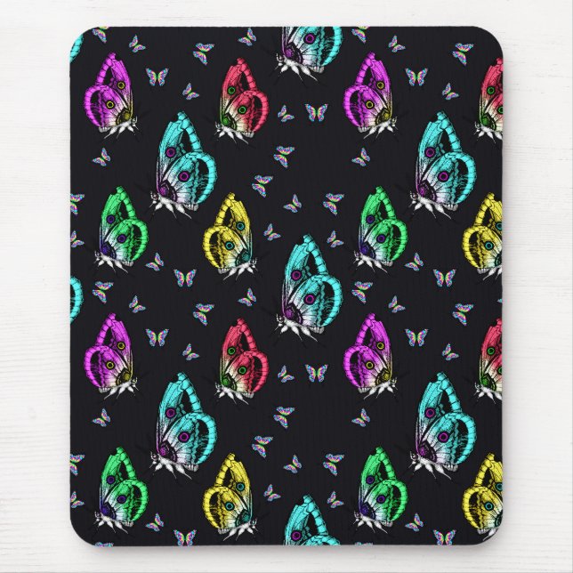 Black Colourful Butterfly Illustration Pattern Mouse Mat (Front)