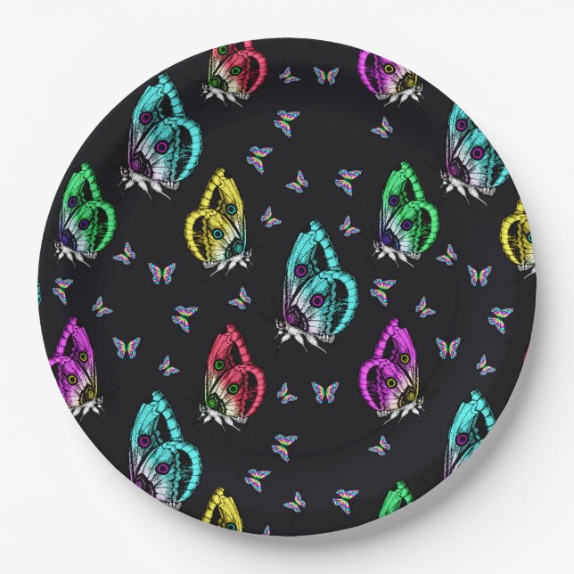 Black Colourful Butterfly Illustration Pattern Paper Plate (Front)
