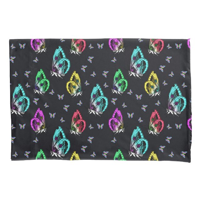 Black Colourful Butterfly Illustration Pattern Pillowcase (Front)