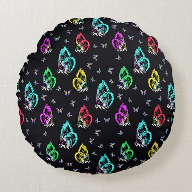 Black Colourful Butterfly Illustration Pattern Round Cushion (Front)