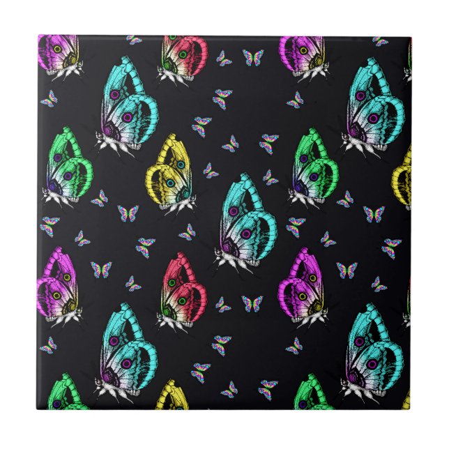 Black Colourful Butterfly Illustration Pattern Tile (Front)