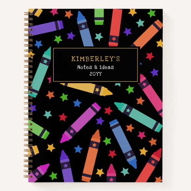 Black Colourful Crayons & Stars Pattern Notebook (Front)