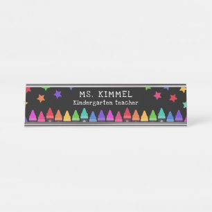 Black Colourful Crayons & Stars Teacher Name Desk Plate
