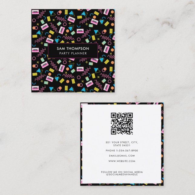 Black Colourful Eighties 80's Retro Party Planner Square Business Card (Front/Back)