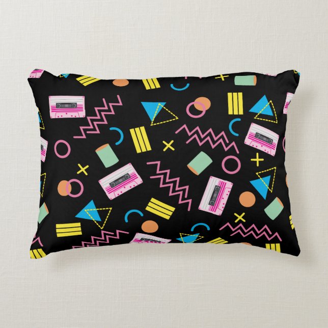 Black Colourful Eighties 80's Retro Pattern Decorative Cushion (Front)