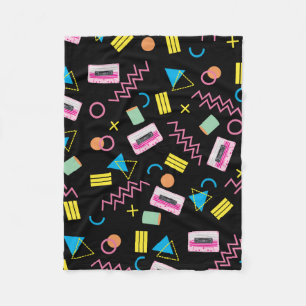 Black Colourful Eighties 80's Retro Pattern Fleece Blanket