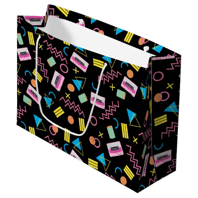 Black Colourful Eighties 80's Retro Pattern Large Gift Bag (Front Angled)