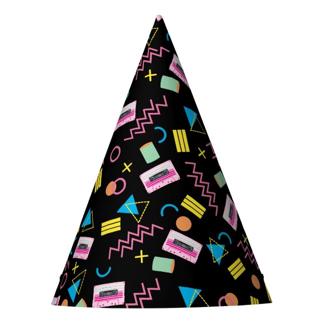 Black Colourful Eighties 80's Retro Pattern Party Hat (Front)