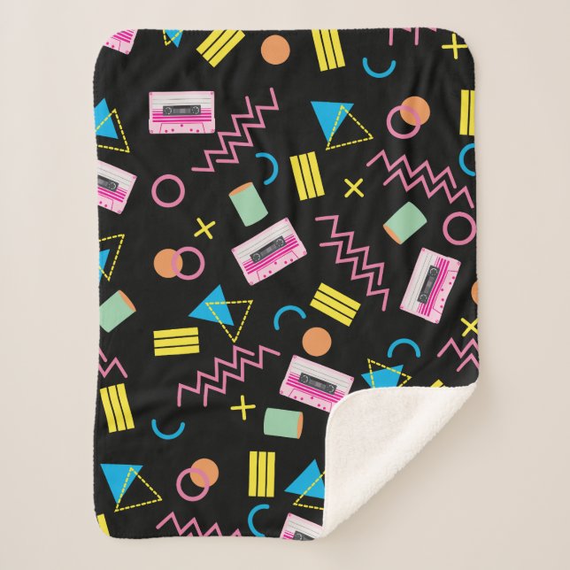 Black Colourful Eighties 80's Retro Pattern  Sherpa Blanket (Front)