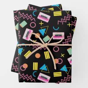 Black Colourful Eighties 80's Retro Pattern Wrapping Paper Sheet