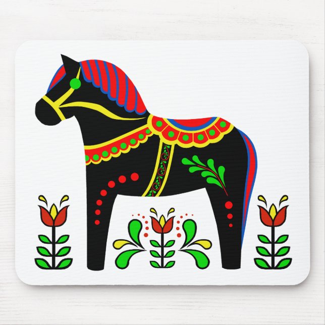 Black/colourful Folk Dala horse/black Friesian Mouse Mat (Front)