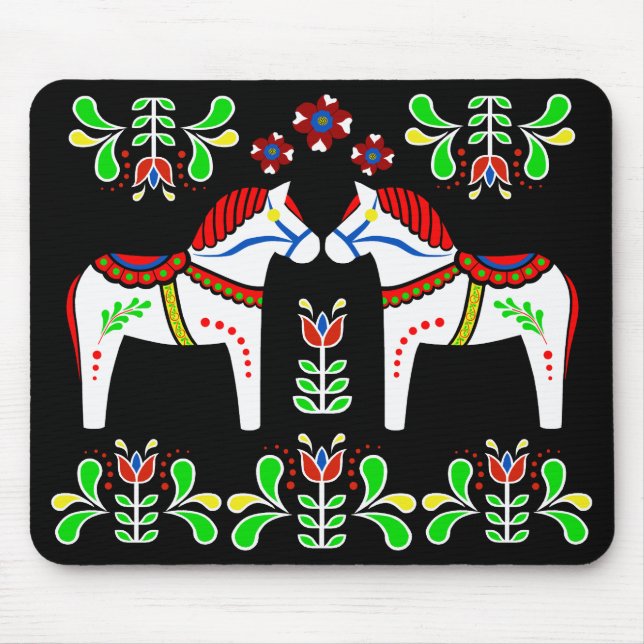 Black/colourful Folk Dala horse/Folk Andalusian Mouse Mat (Front)
