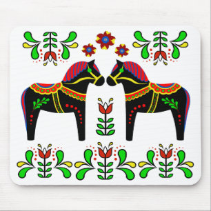 Black/colourful Folk Dala horse/Folk Friesian Mouse Mat