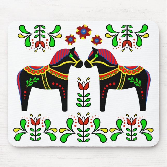 Black/colourful Folk Dala horse/Folk Friesian Mouse Mat (Front)