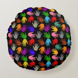 Black Colourful Handprint Pattern Design Round Cushion